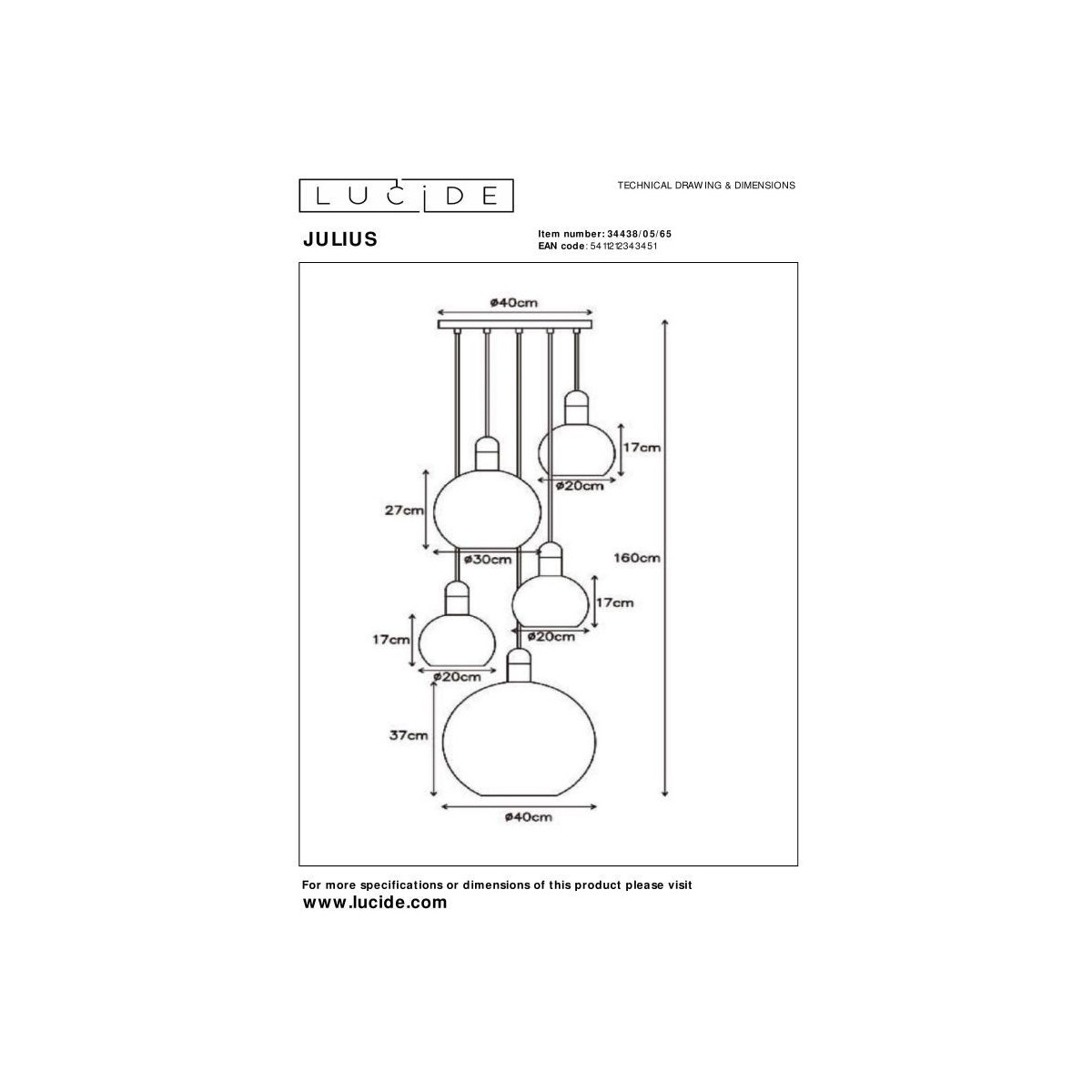 Lucide 34438/05/65 JULIUS - Lampa wisząca - 5xE27 - Szary dymny