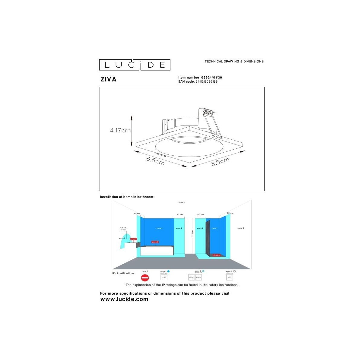 Lucide 09924/01/30 ZIVA - Reflektor wpuszczany łazienkowy - 1xGU10 - IP44 - Czarny