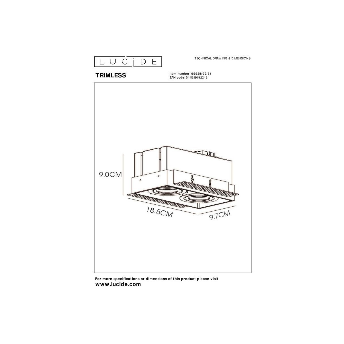 Lucide 09925/02/31 TRIMLESS - Oprawa wpuszczana - 2xGU10 - Biała