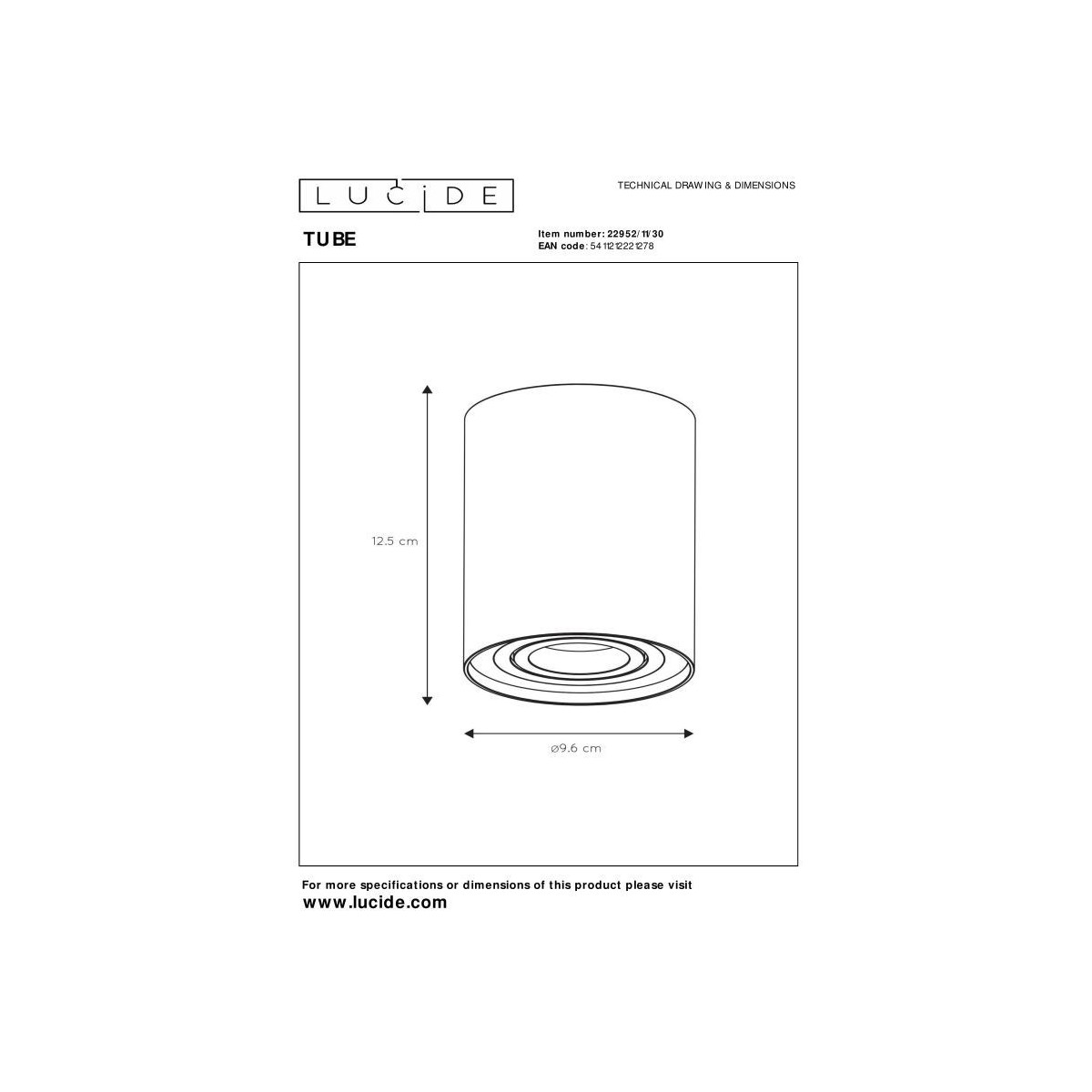 Lucide 22952/11/30 TUBE - Reflektor sufitowy - 9.6 cm - 1xGU10 - Czarny