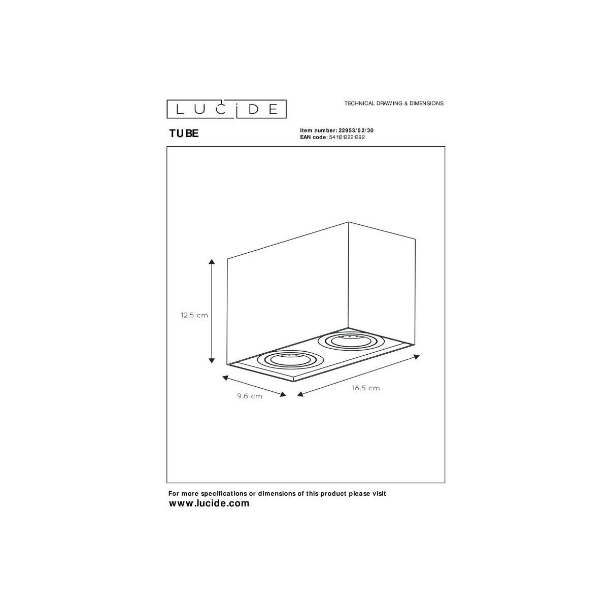 Lucide 22953/02/30 TUBE - Reflektor sufitowy - 2xGU10 - Czarny