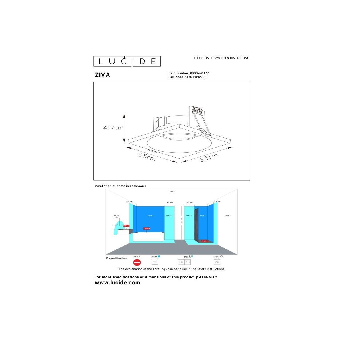 Lucide 09924/01/31 ZIVA - Reflektor wpuszczany łazienkowy - 1xGU10 - IP44 - biały