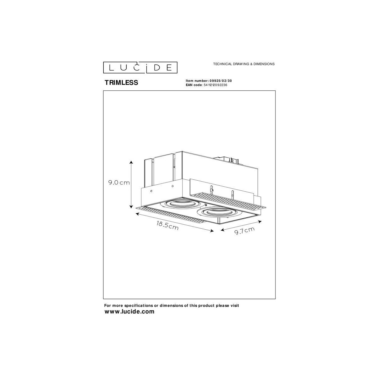 Lucide 09925/02/30 TRIMLESS - Oprawa wpuszczana - 2xGU10 - Czarny