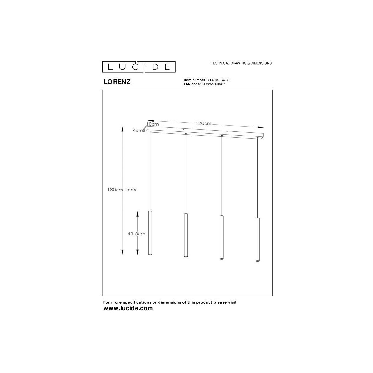 Lucide 74403/04/30 LORENZ - Lampa wisząca - LED ściemnialna - 4x4W 3000K - czarna