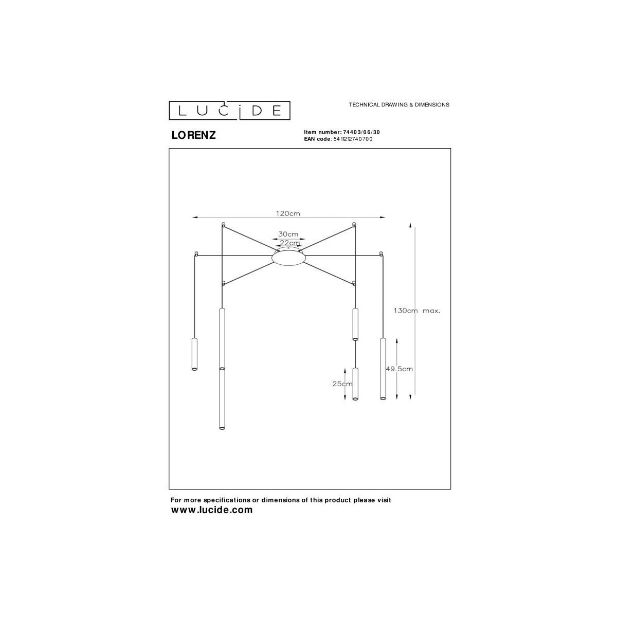 Lucide 74403/06/30 LORENZ - Lampa wisząca - 120 cm - Ściemniacz LED - 6x4W 3000K - Czarny
