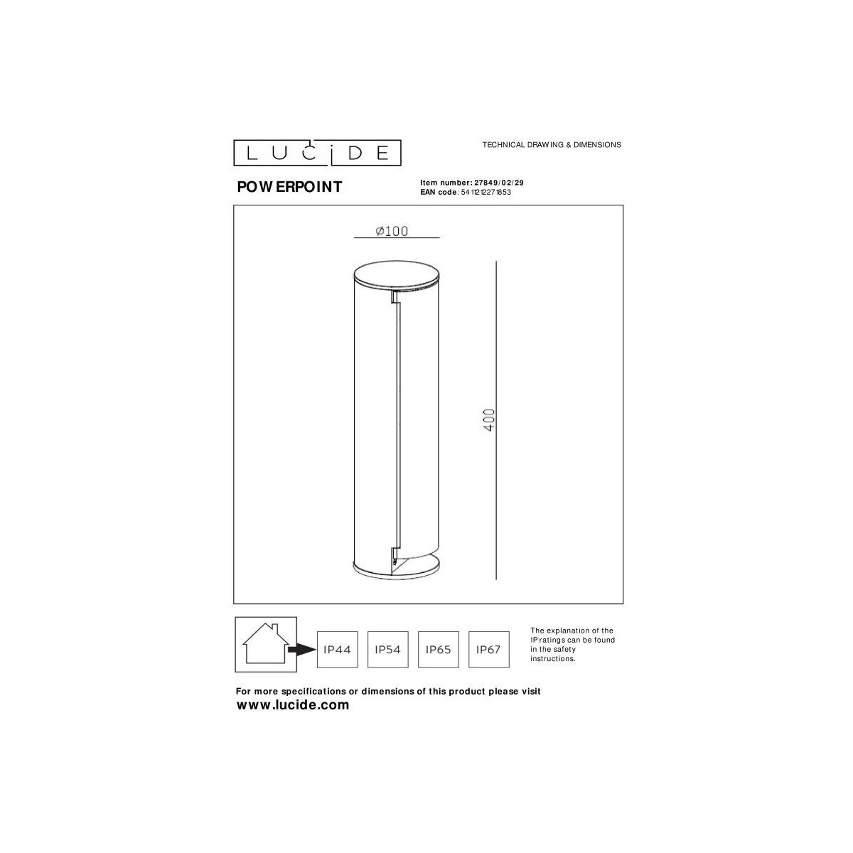 Lucide 27849/02/29 POWERPOINT - Kolumna gniazd zewnętrznych - Gniazda z uziemieniem - Typ E - Norma FR. BE. POL. SVK i CZE -…