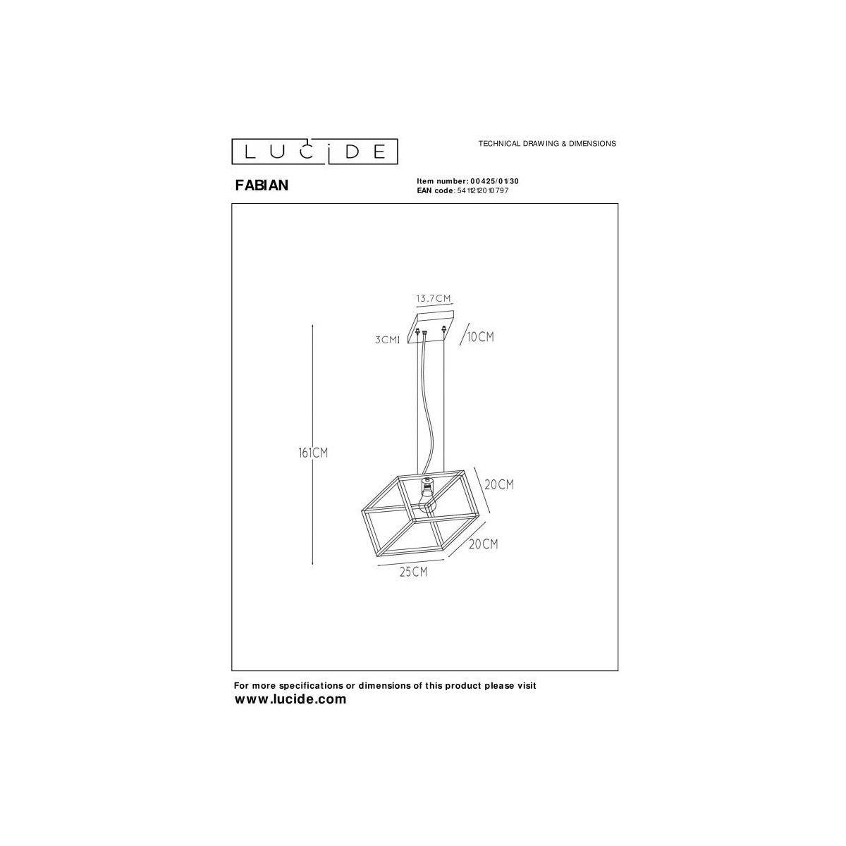 Lucide 00425/01/30 FABIAN - Lampa wisząca - 1xE27 - Czarna