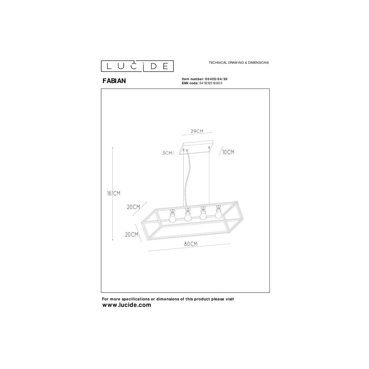 Lucide 00425/04/30 FABIAN - Lampa wisząca - 4xE27 - Czarna