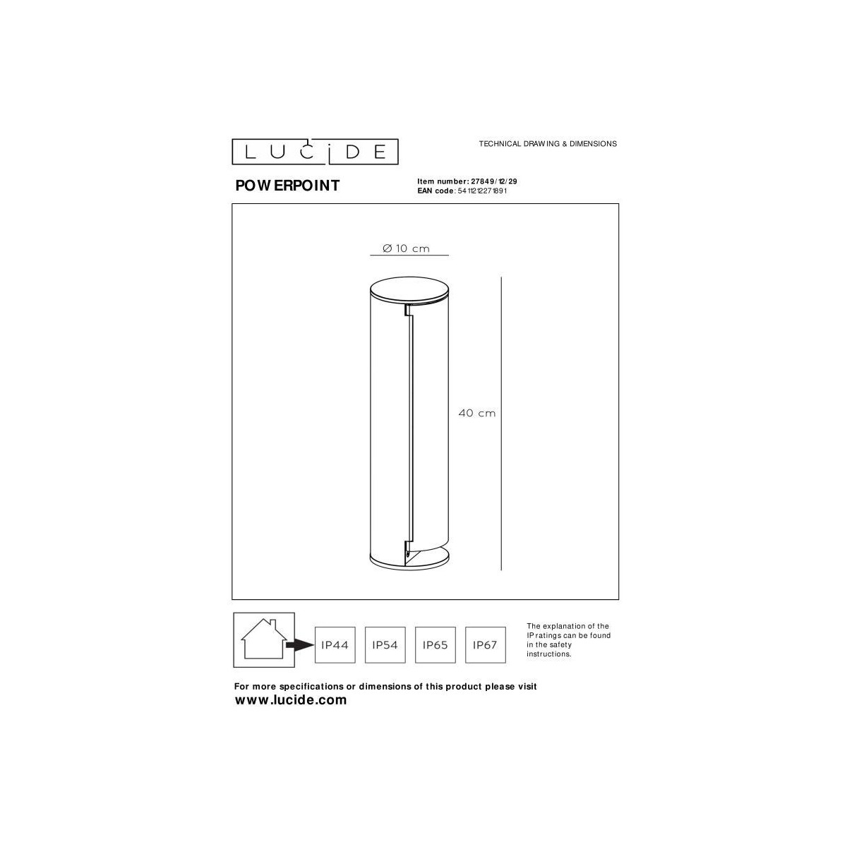Lucide 27849/12/29 POWERPOINT - Kolumna gniazd zewnętrznych ? Gniazda z uziemieniem ? Typ F - standard EUR-RUS - 10 cm - IP44…