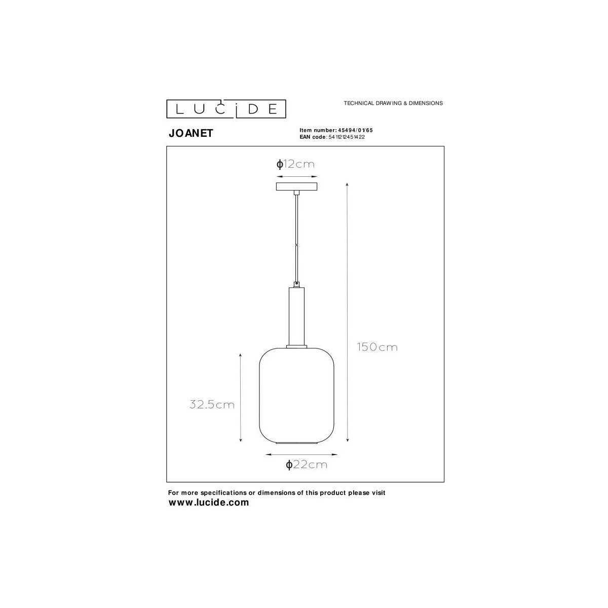 Lucide 45494/01/65 JOANET - Lampa wisząca - 22 cm - 1xE27 - Szary dymny