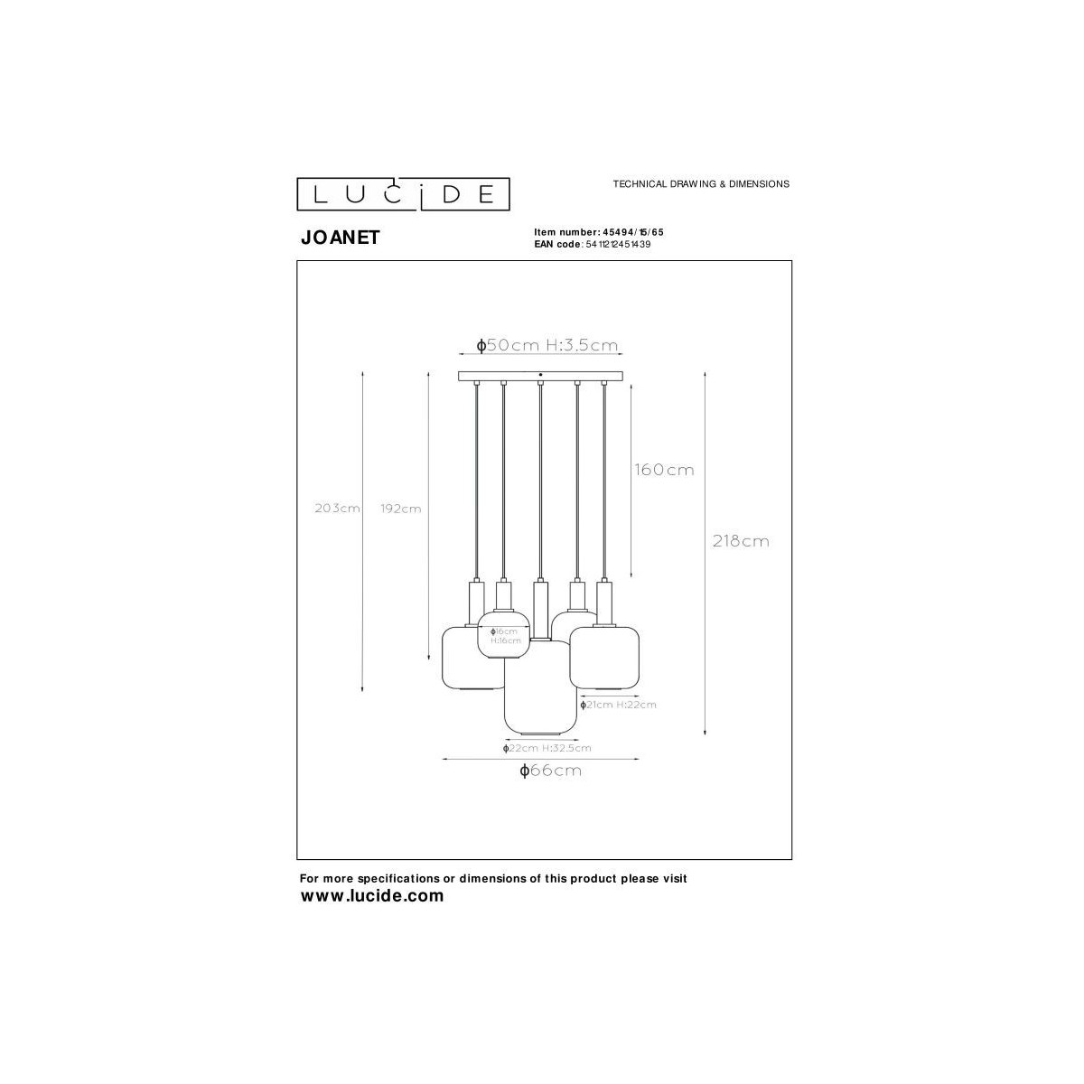 Lucide 45494/15/65 JOANET - Lampa wisząca - 66 cm - 5xE27 - Szary dymny