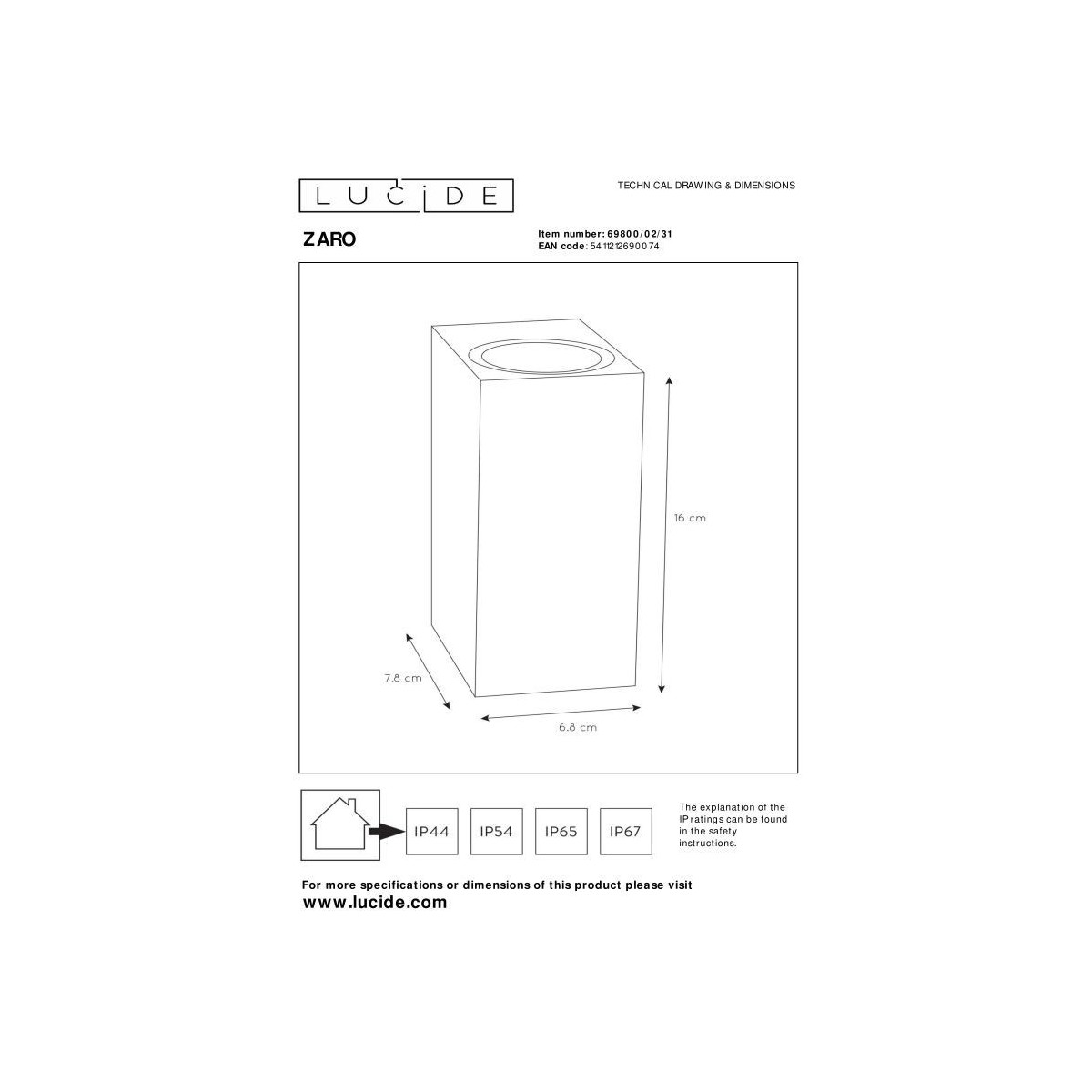 Lucide 69800/02/31 ZARO - Reflektor ścienny - Kinkiet do wewnątrz i na zewnątrz - 2xGU10 - IP65 - Biały