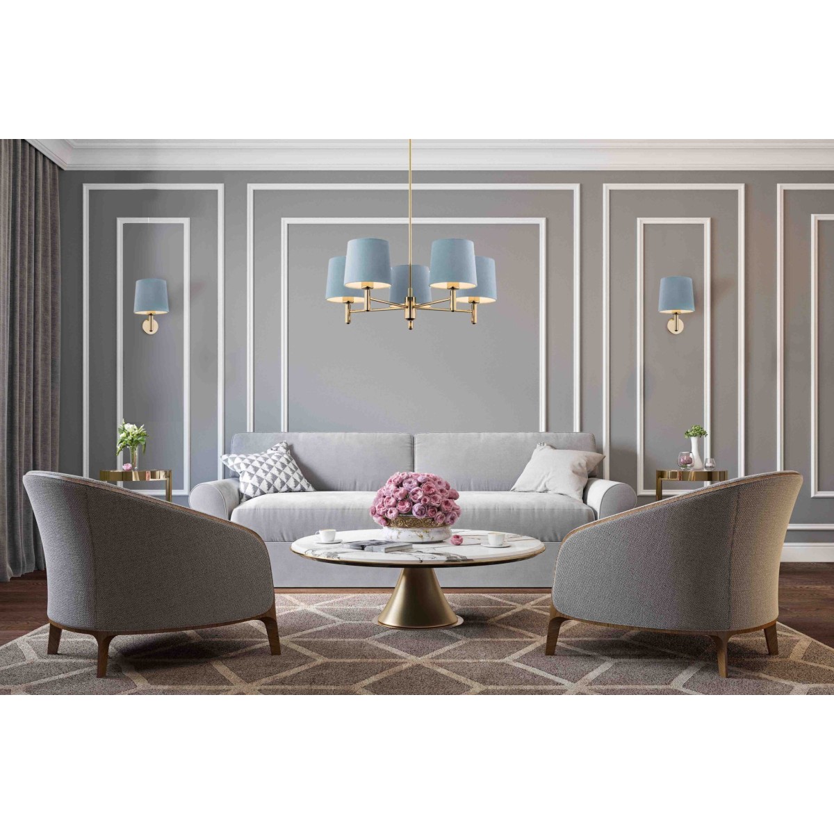 lampa wisząca 5 pł. PONTE kolor błękit, ciemny mosiądz