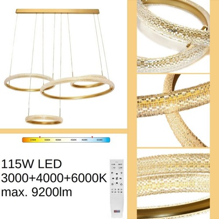 Duża złota lampa wisząca 115W LED- z pilotem, zmiana barwy, ściemnialna