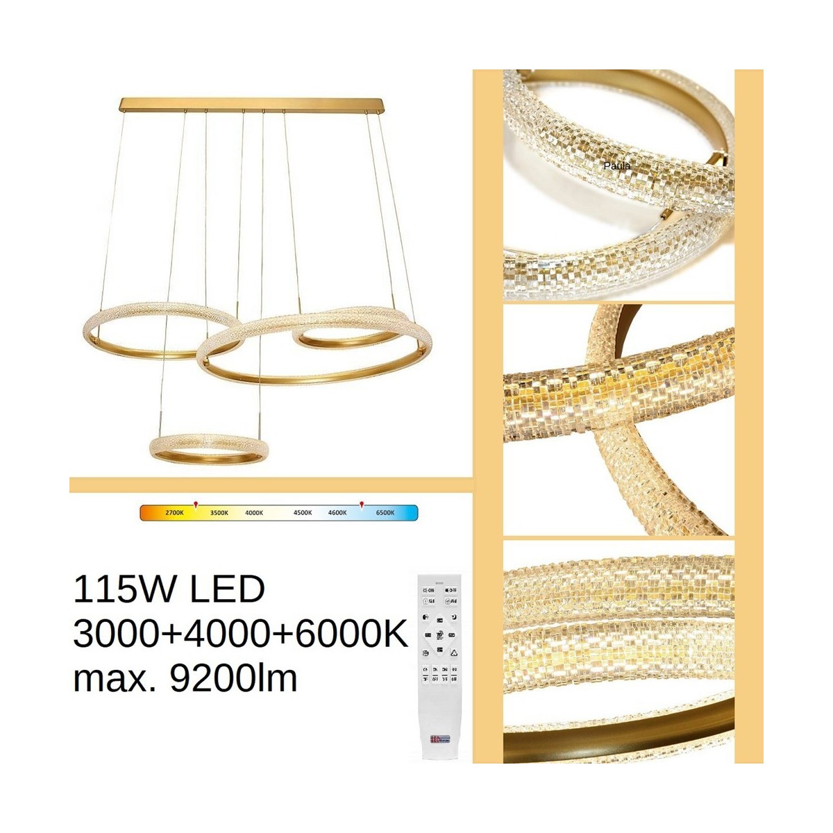 Duża złota lampa wisząca 115W LED- z pilotem, zmiana barwy, ściemnialna