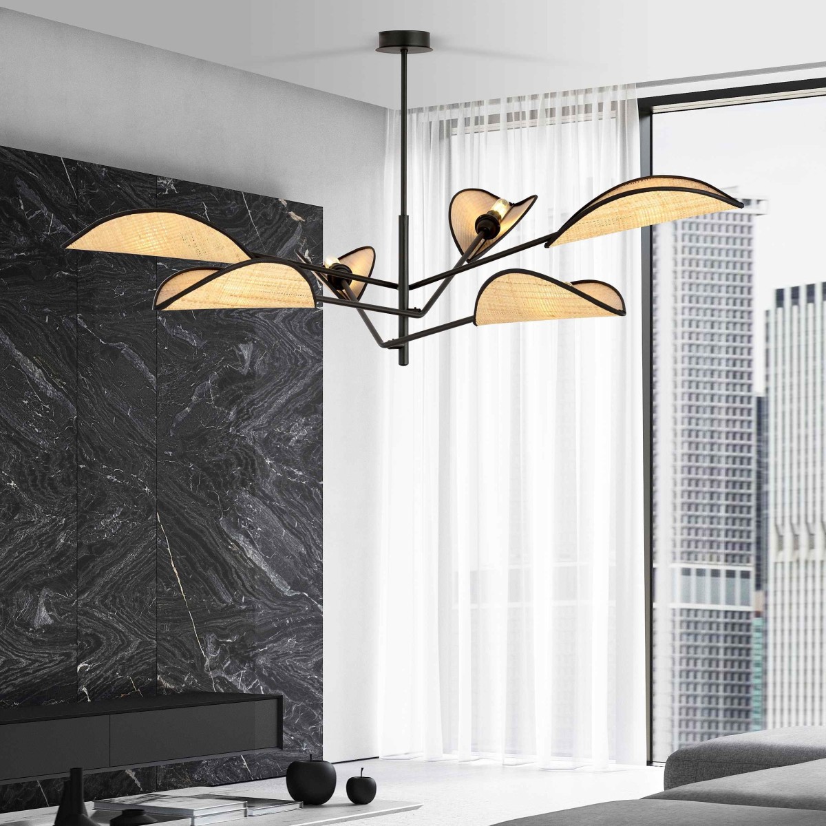 rattanowa LAMPA SUFITOWA  VENE 6 BLACK/RATTAN