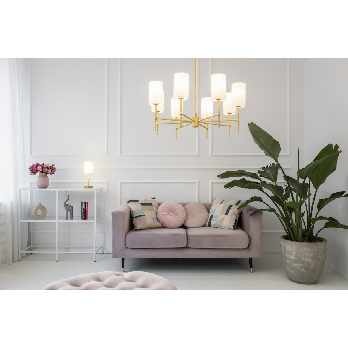 Argon ABRUZZO 5051 żyrandol z welurowymi, białymi abażurami i złotym wykończeniem