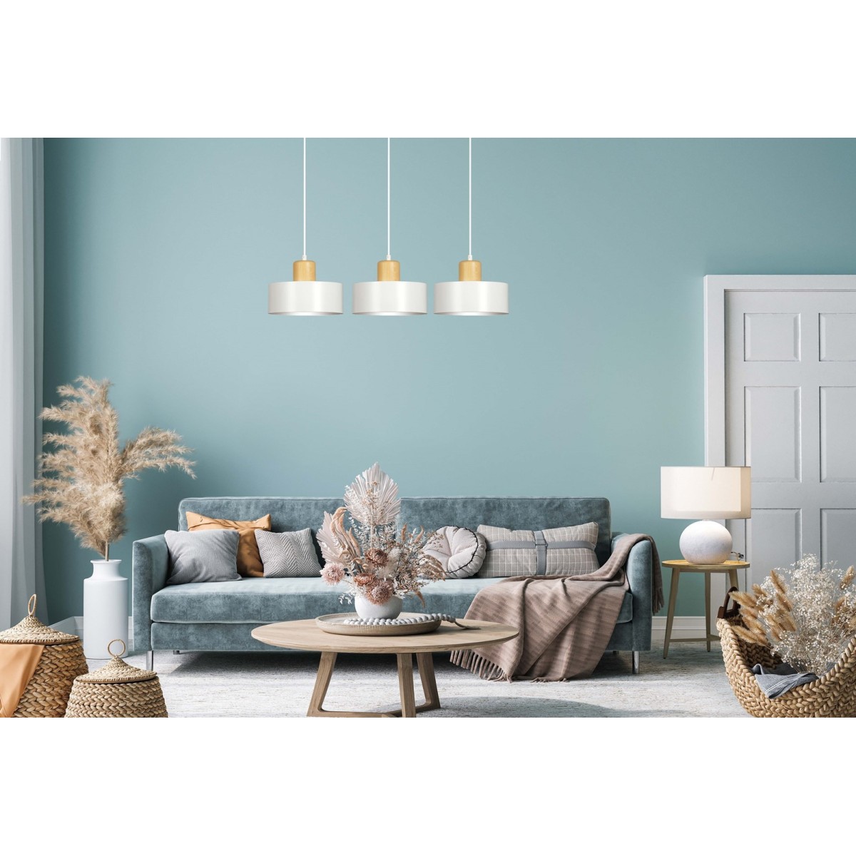 LAMPA WISZĄCA  TORIN 3 WHITE kolor biały / drewno naturalne