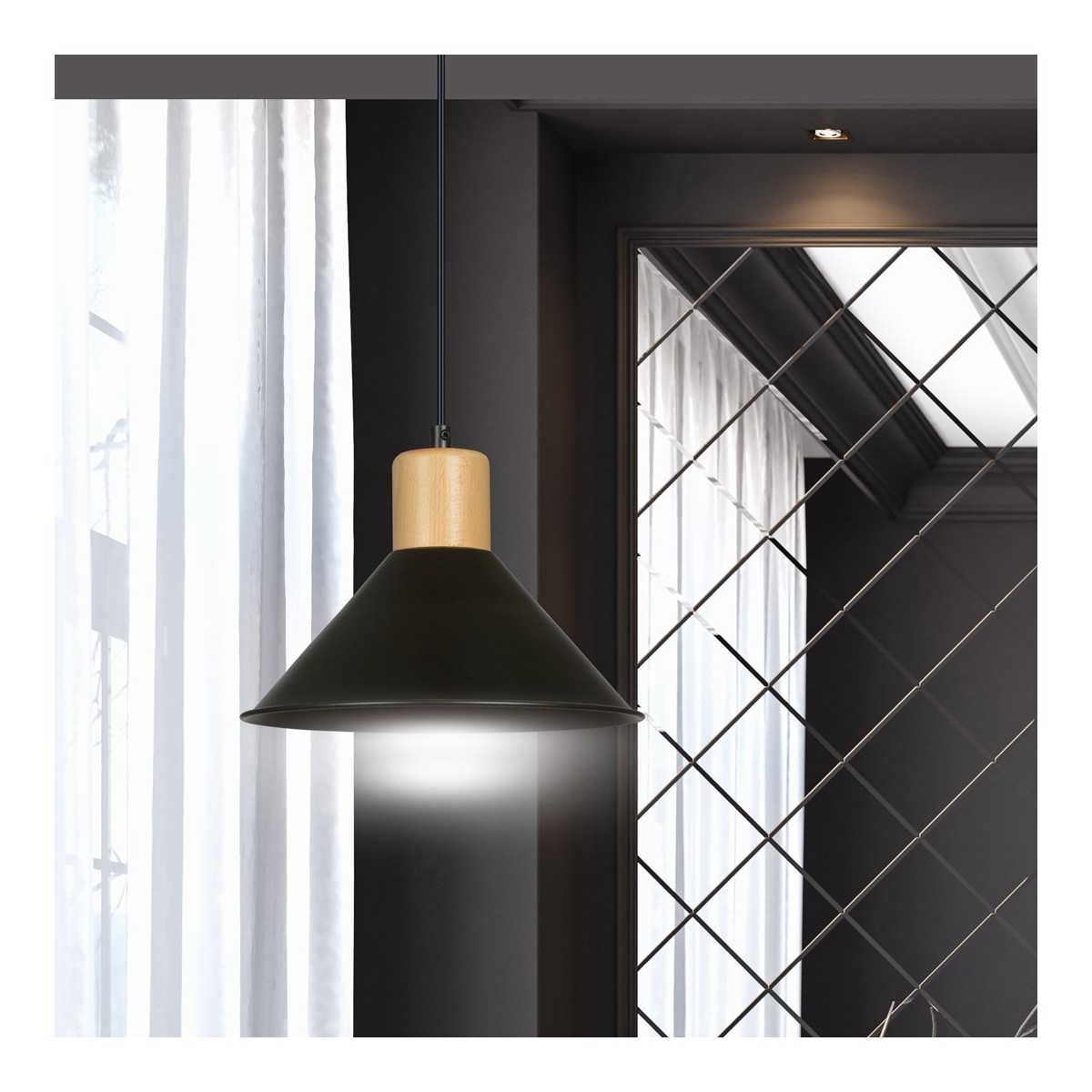 LAMPA WISZĄCA  ROWEN 1 BLACK kolor czarny / drewno naturalne