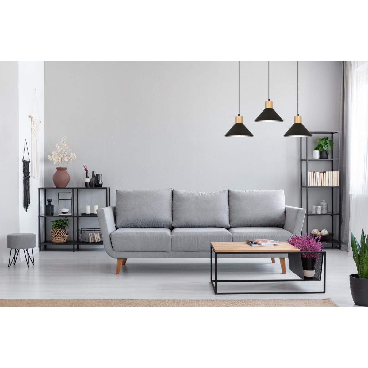 LAMPA WISZĄCA  ROWEN 3 BLACK kolor czarny / drewno naturalne