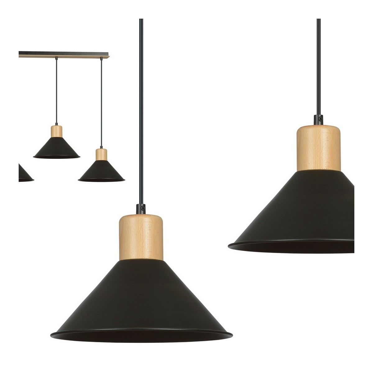 LAMPA WISZĄCA  ROWEN 3 BLACK kolor czarny / drewno naturalne