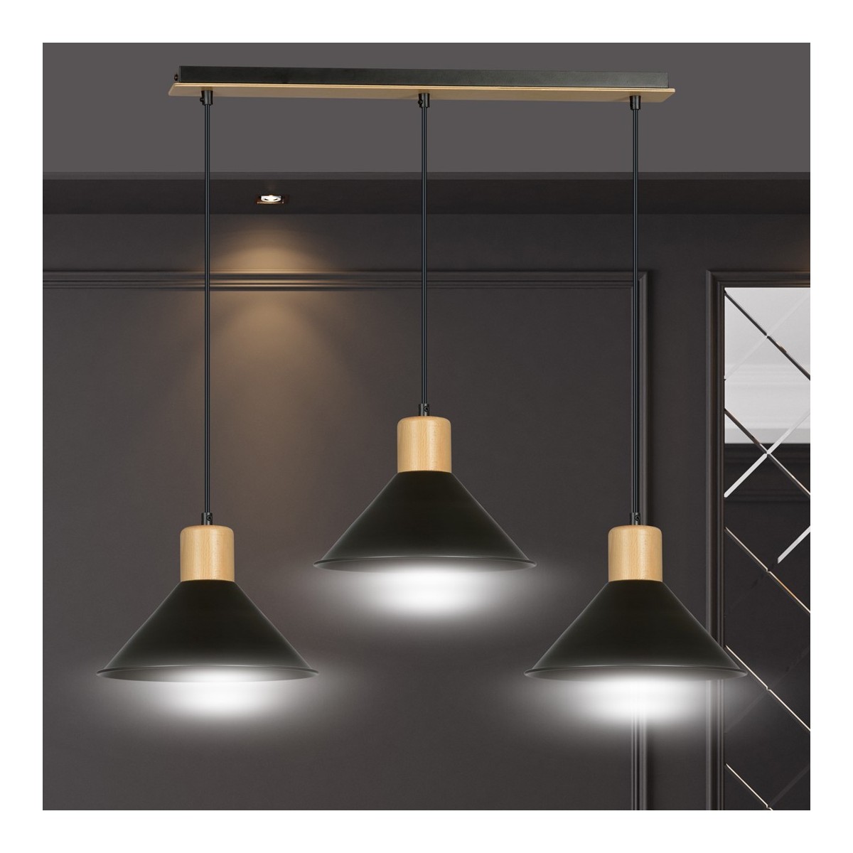 LAMPA WISZĄCA  ROWEN 3 BLACK kolor czarny / drewno naturalne