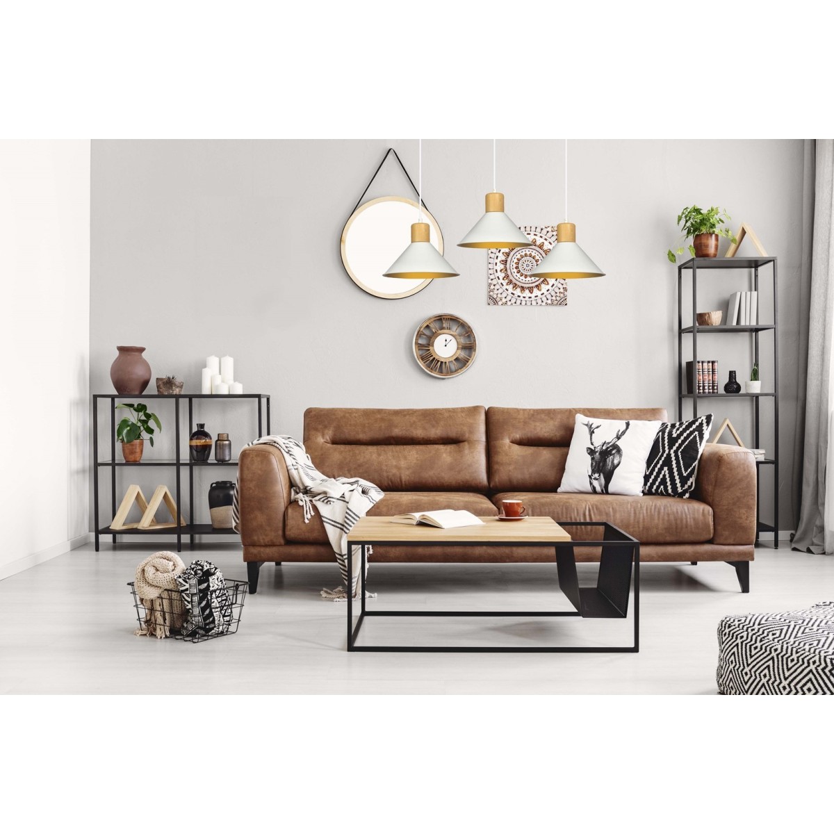 LAMPA WISZĄCA  ROWEN 3 WHITE kolor biały / drewno naturalne