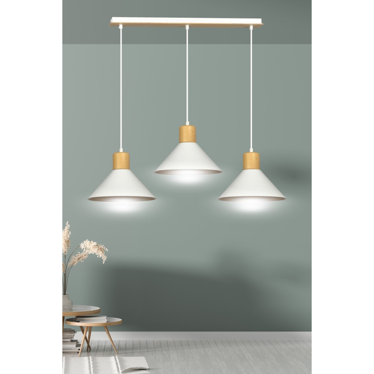 LAMPA WISZĄCA  ROWEN 3 WHITE kolor biały / drewno naturalne