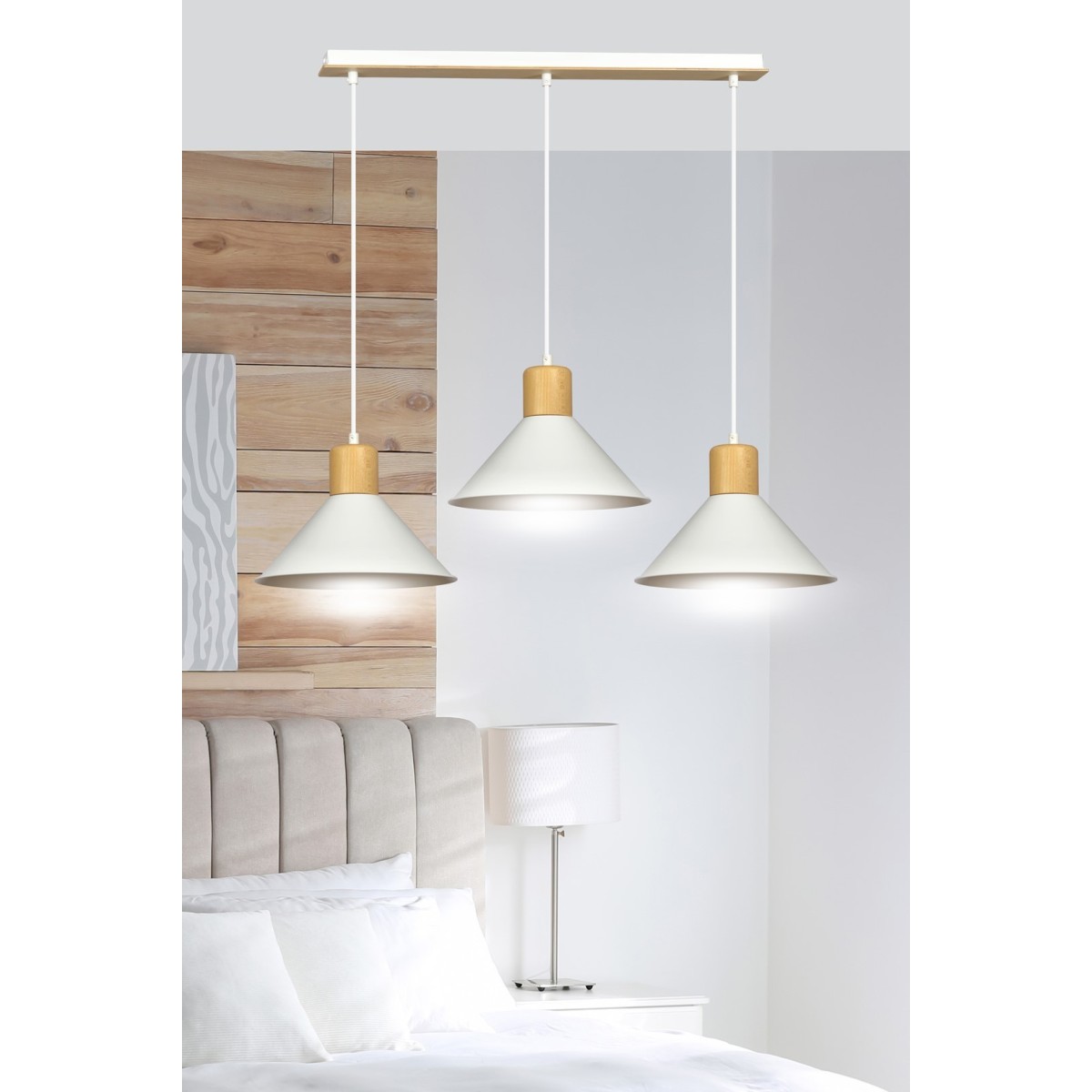 LAMPA WISZĄCA  ROWEN 3 WHITE kolor biały / drewno naturalne