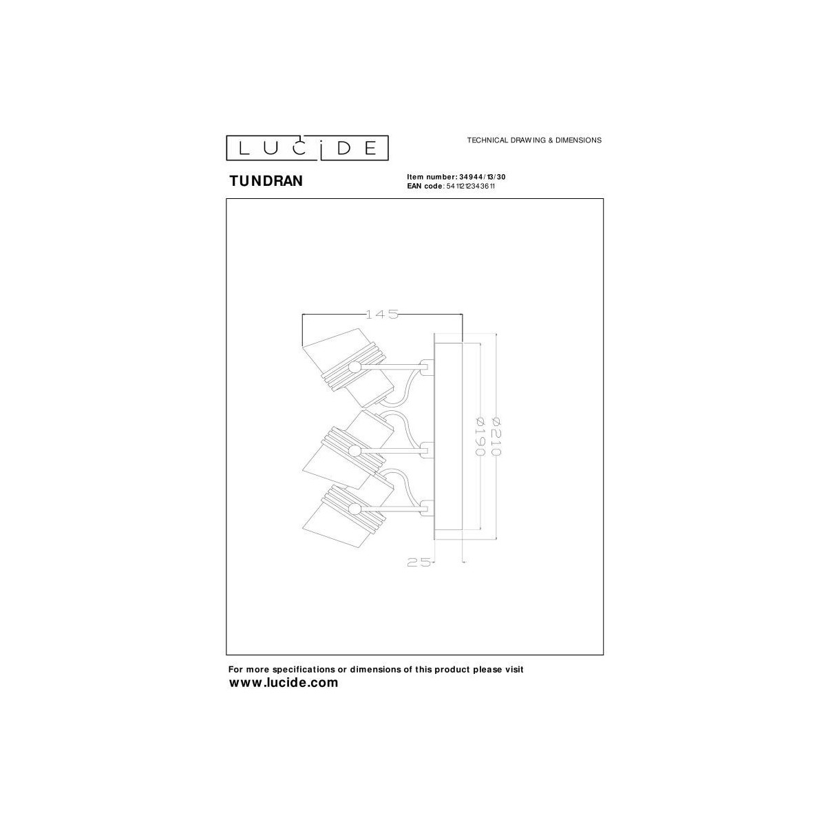 Lucide 34944/13/30 TUNDRAN - Reflektor sufitowy - 21 cm - 3xGU10 - Czarny