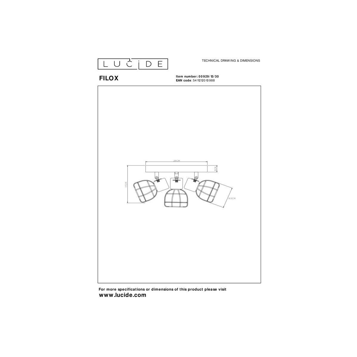 Lucide 00929/13/30 FILOX - Reflektor sufitowy - 25 cm - 3xE14 - Czarny