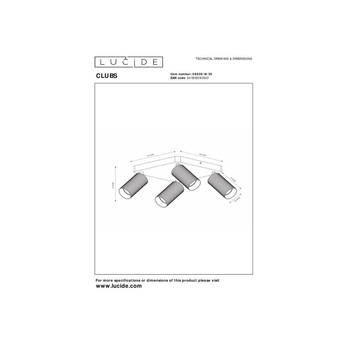 Lucide 09939/14/30 CLUBS - Reflektor sufitowy - 4xGU10 - Czarny