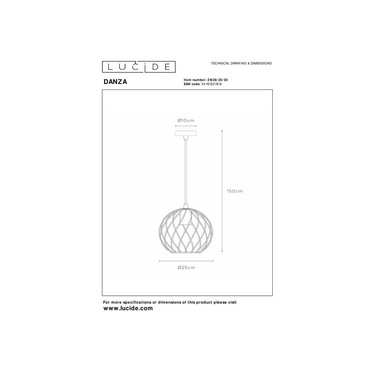Lucide 21428/25/30 DANZA - Lampa wisząca - 25 cm - 1xE27 - Czarna