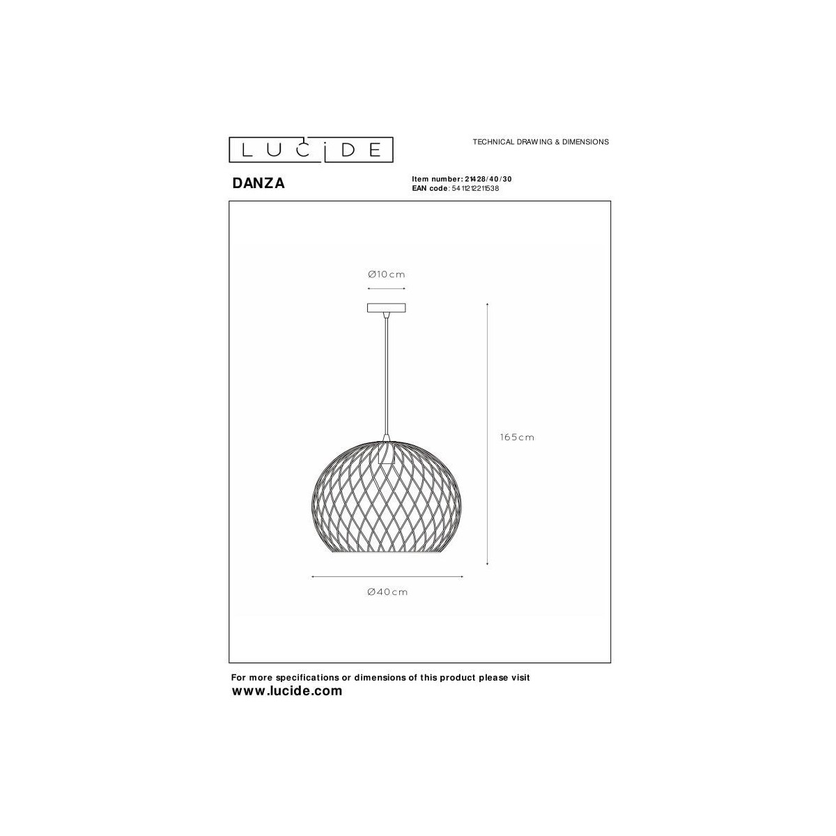 Lucide 21428/40/30 DANZA - Lampa wisząca - 40 cm - 1xE27 - Czarna