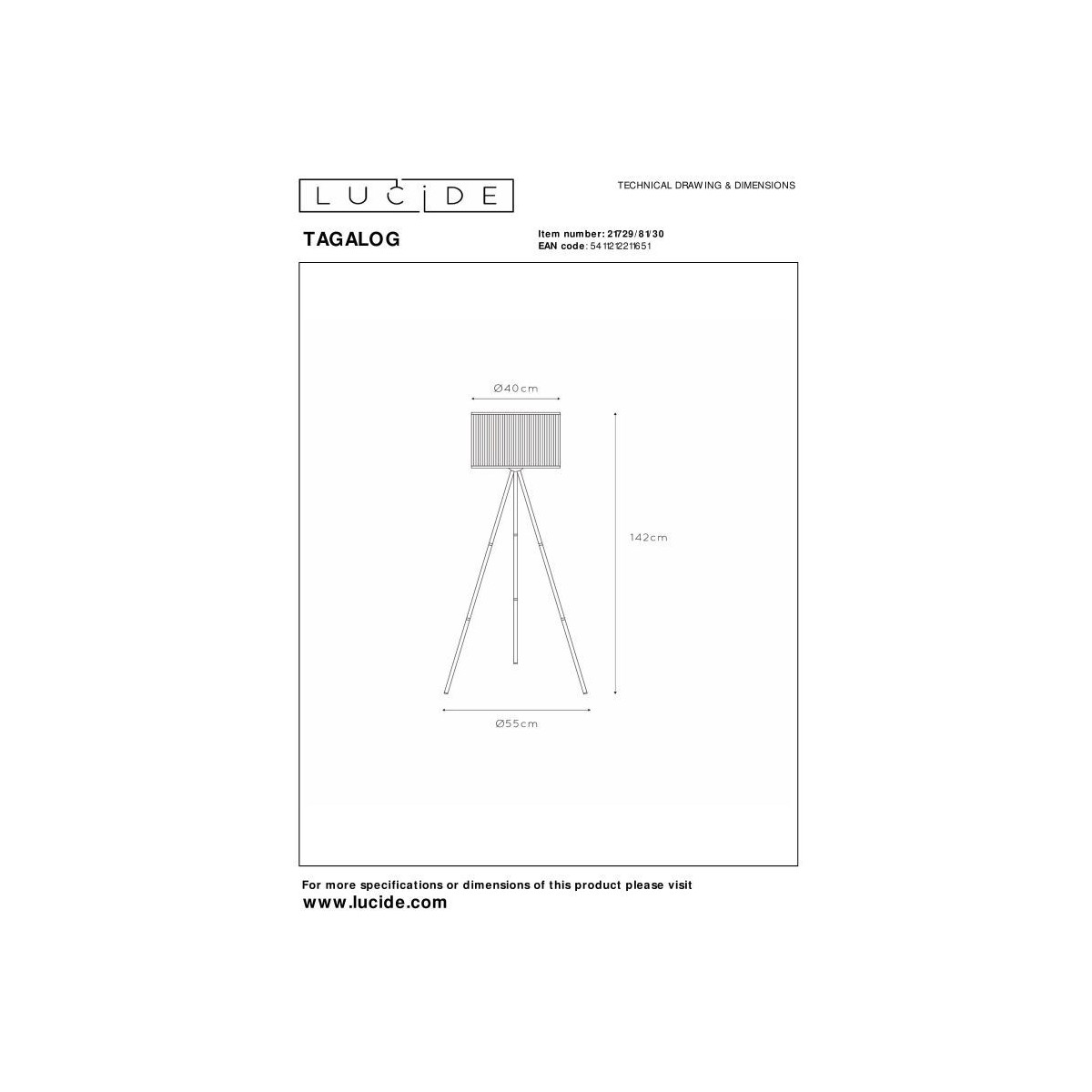 Lucide 21729/81/30 TAGALOG - Lampa podłogowa - 55 cm - 1xE27 - Czarna