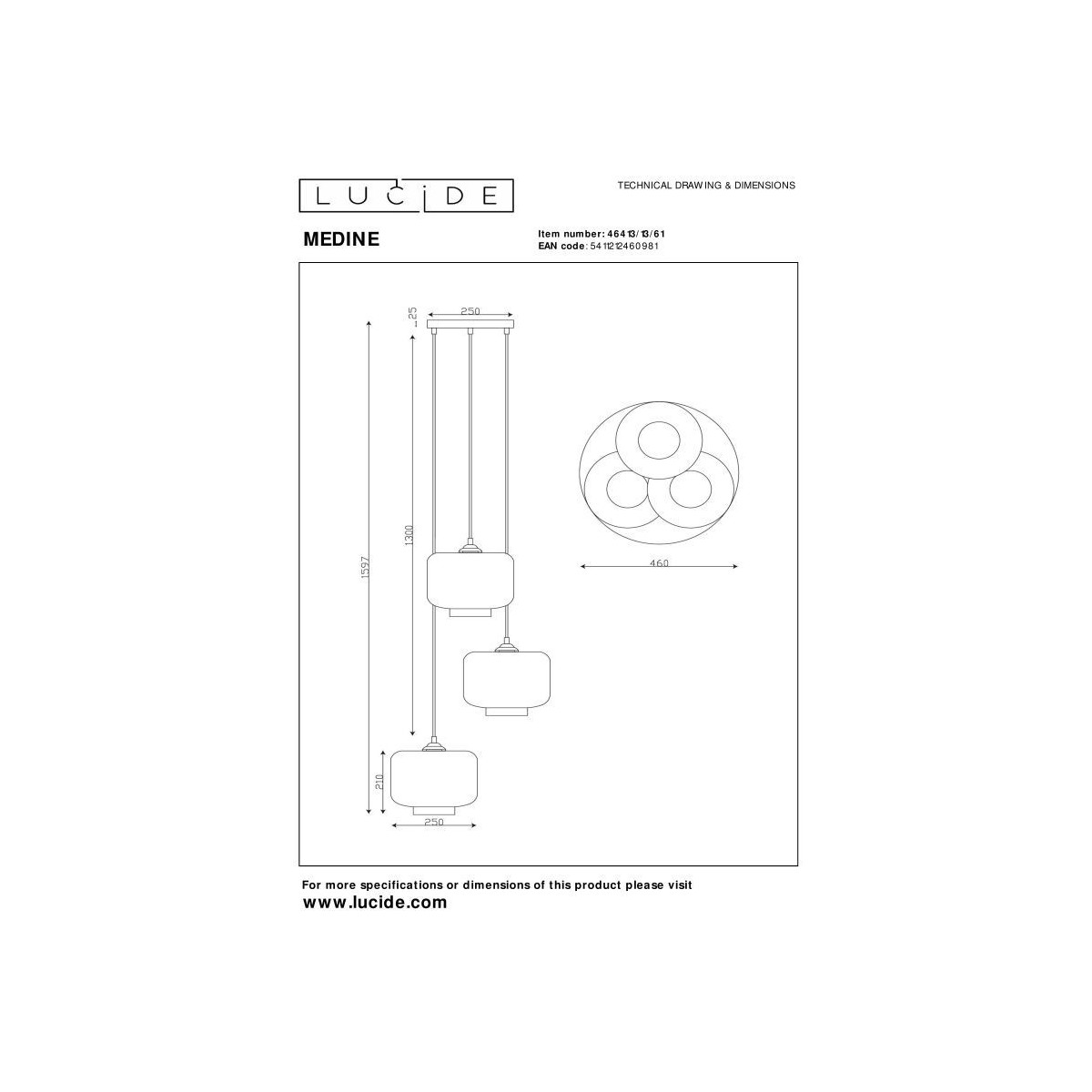 Lucide 46413/13/61 MEDINE - Lampa wisząca - 46 cm - 3xE27 - Opal