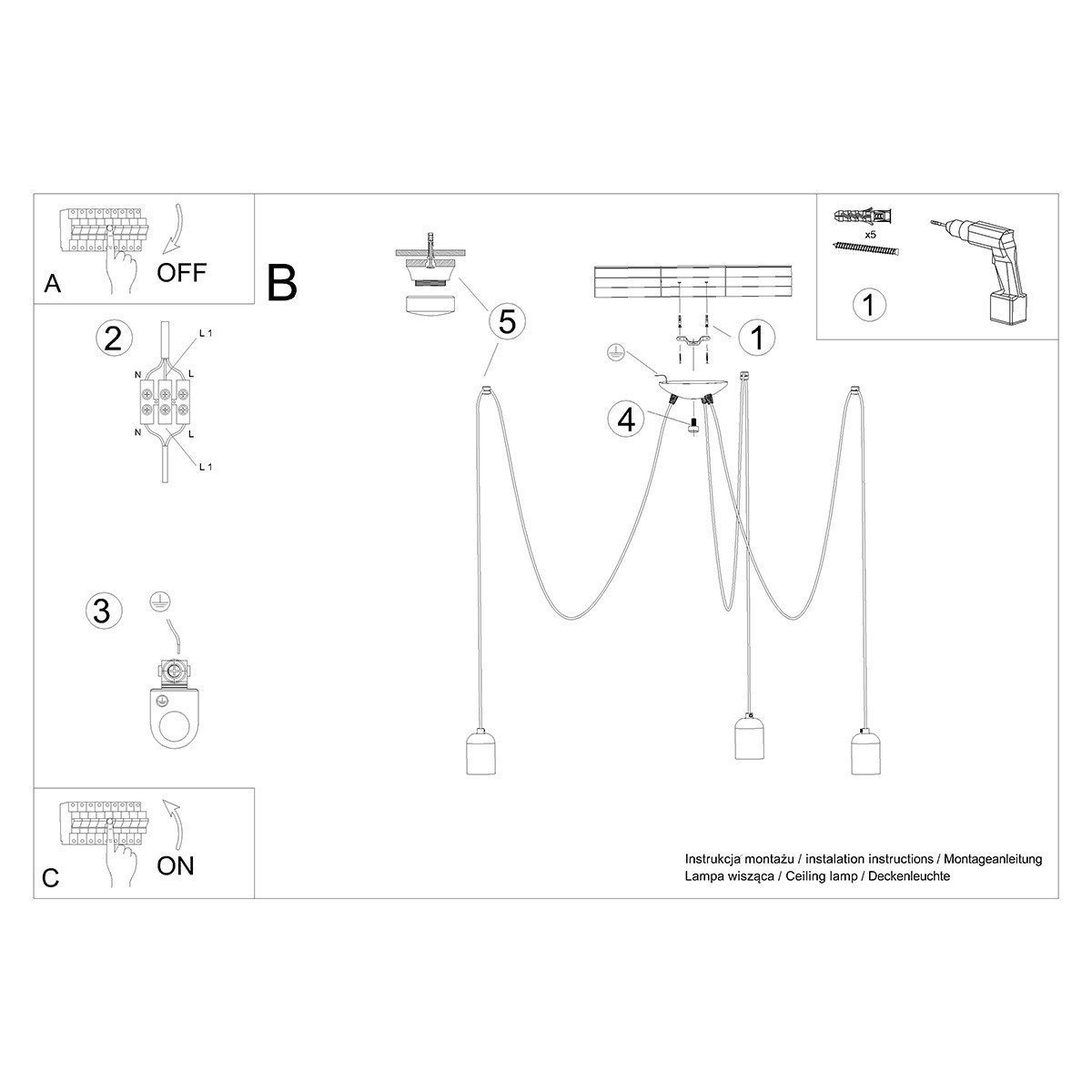 Żyrandol NESO kolor czarny / szary SOLLUX LIGHTING polska produkcja