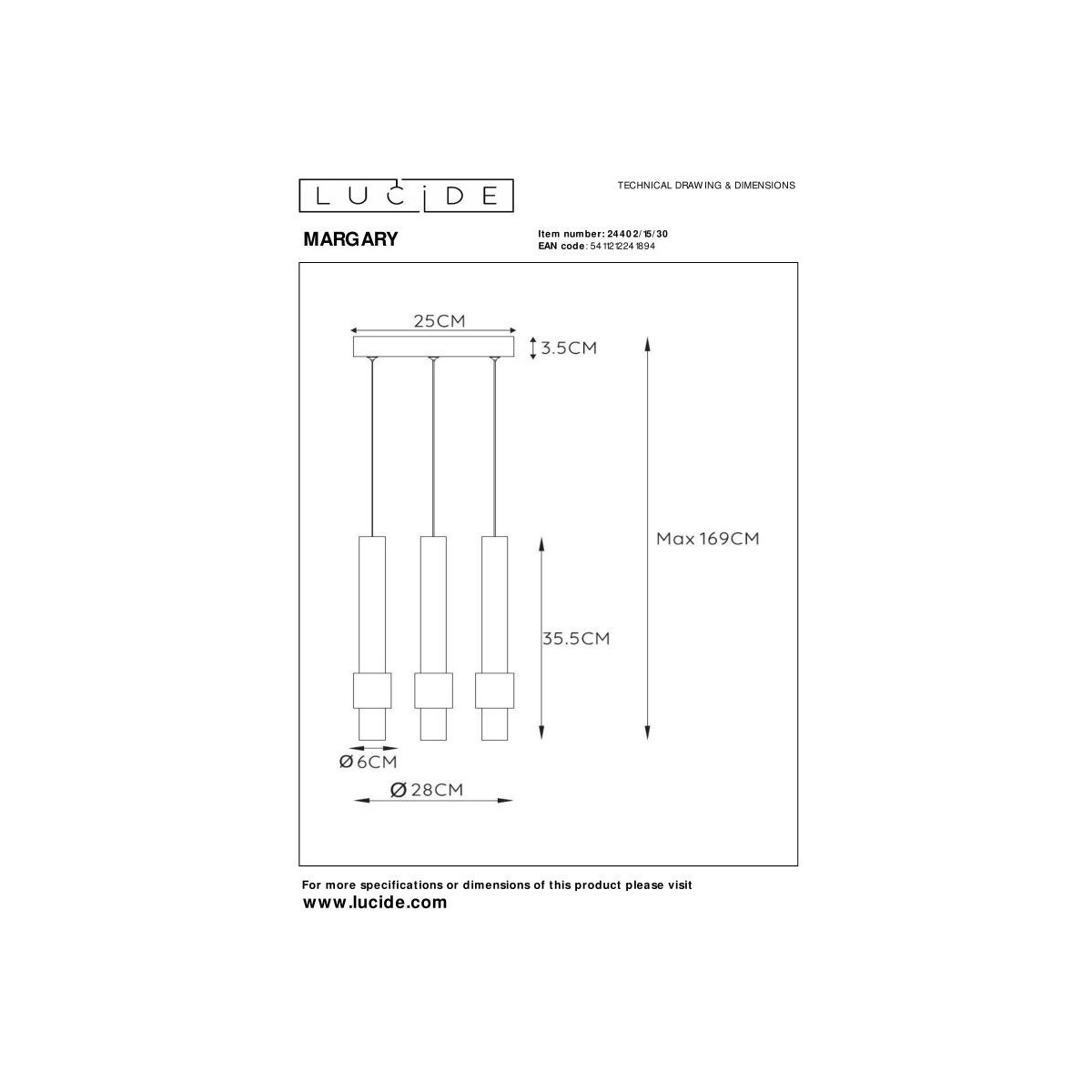 Lucide 24402/15/30 MARGARY - Lampa wisząca - 28 cm - Ściemniacz LED - 3x4W 2700K - Czarny