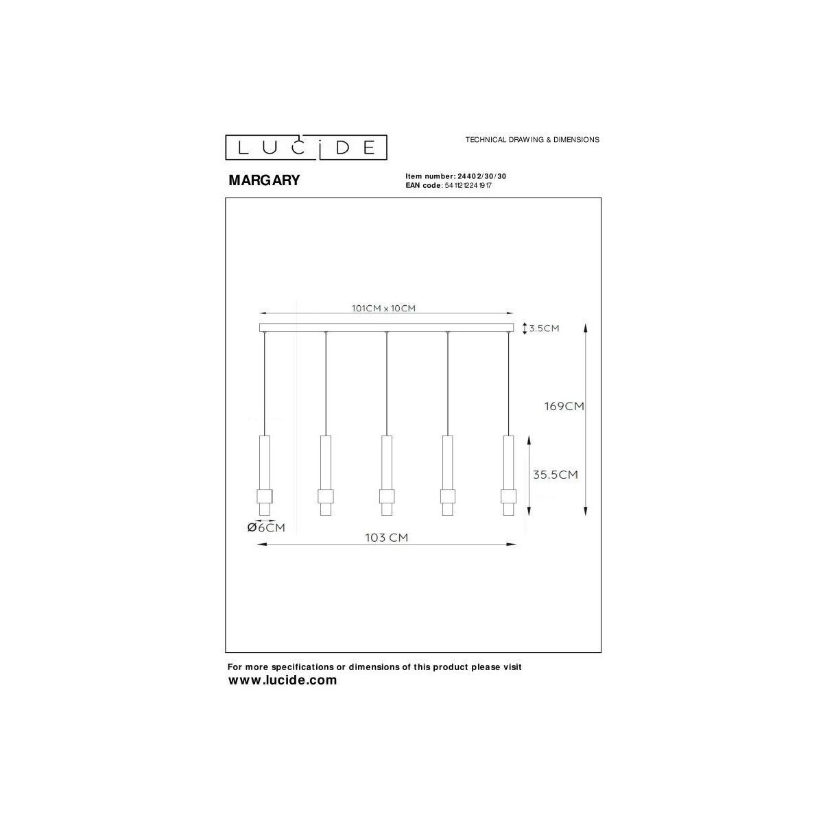 Lucide 24402/30/30 MARGARY - Lampa wisząca - LED ściemnialna - 5x4.2W 2700K - czarna