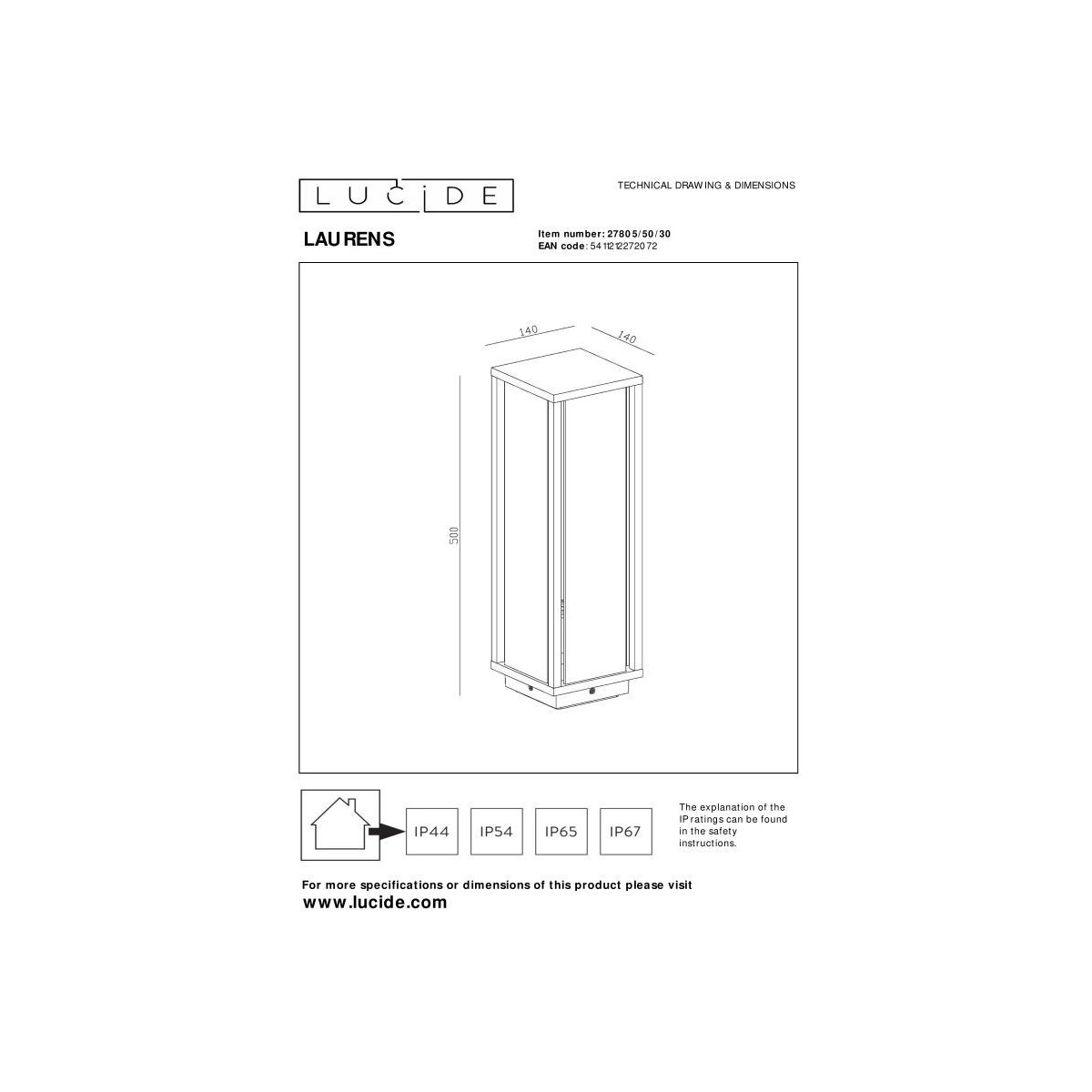 Lucide 27805/50/30 LAURENS - Słupek oświetleniowy - 1xE27 - IP54 - Czarny