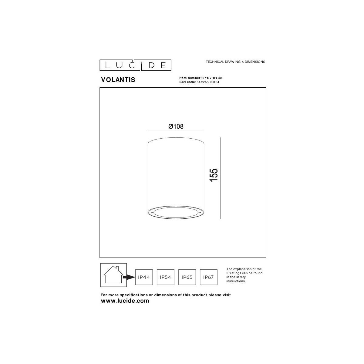 Lucide 27107/01/30 VOLANTIS - Reflektor sufitowy do wewnątrz i na zewnątrz - 10.8 cm - 1xE27 - IP54 - Czarny