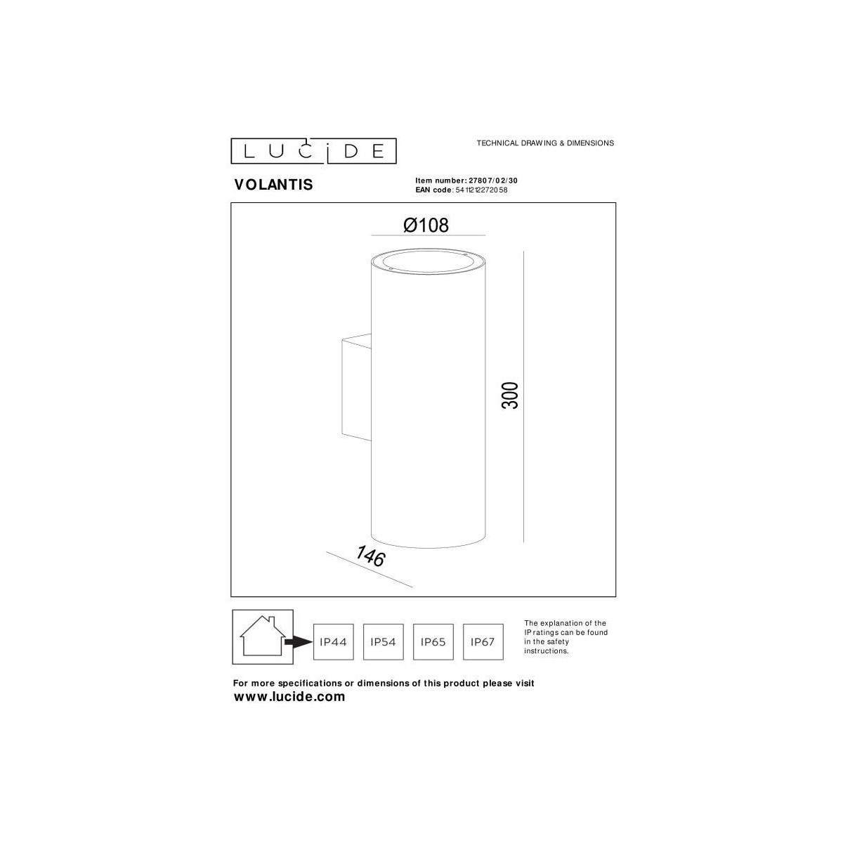 Lucide 27807/02/30 VOLANTIS - Reflektor ścienny - Kinkiet do wewnątrz i na zewnątrz - 2xE27 - IP54 - Czarny