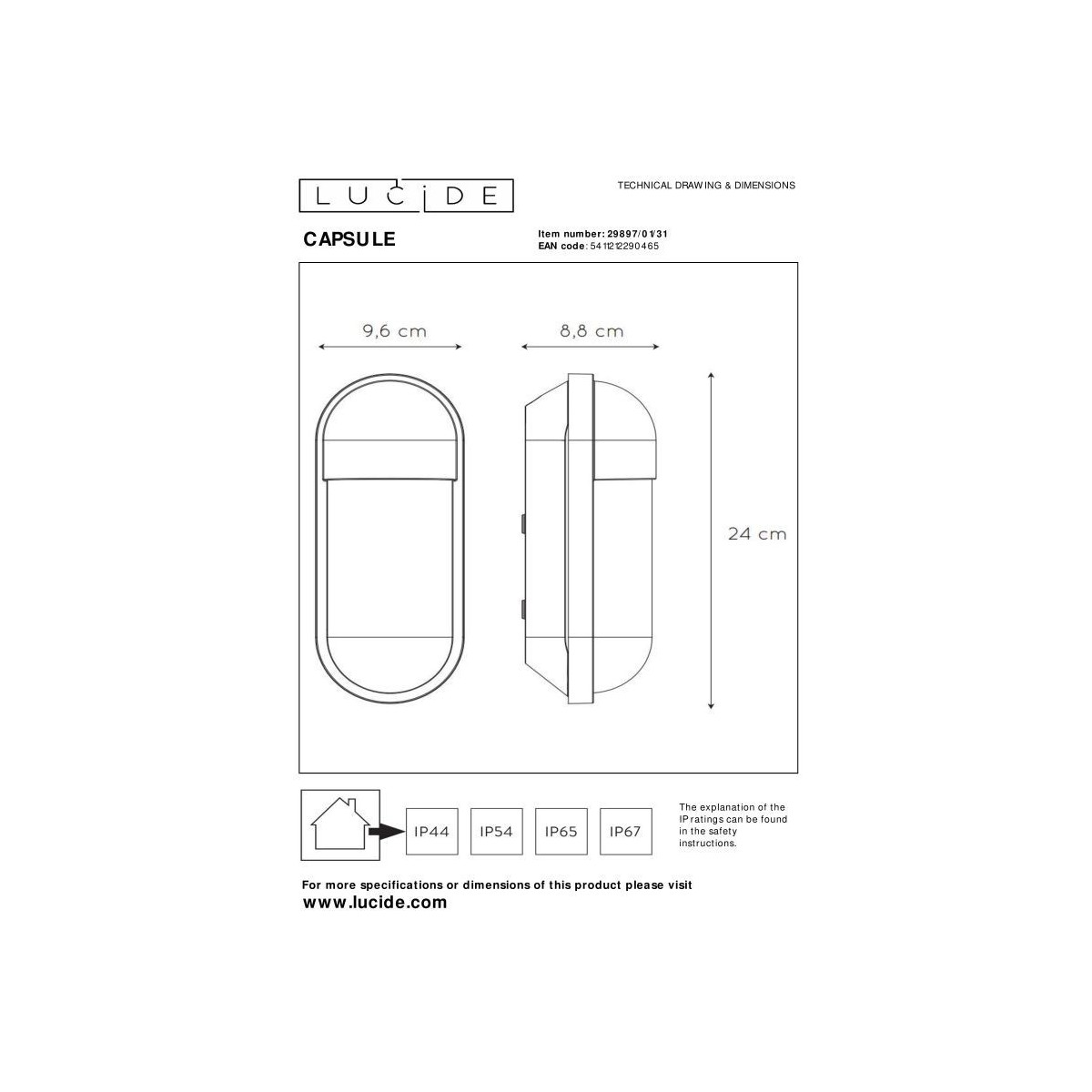 Lucide 29897/01/31 CAPSULE - Kinkiet do wewnątrz i na zewnątrz - 1xE27 - IP54 - Biały