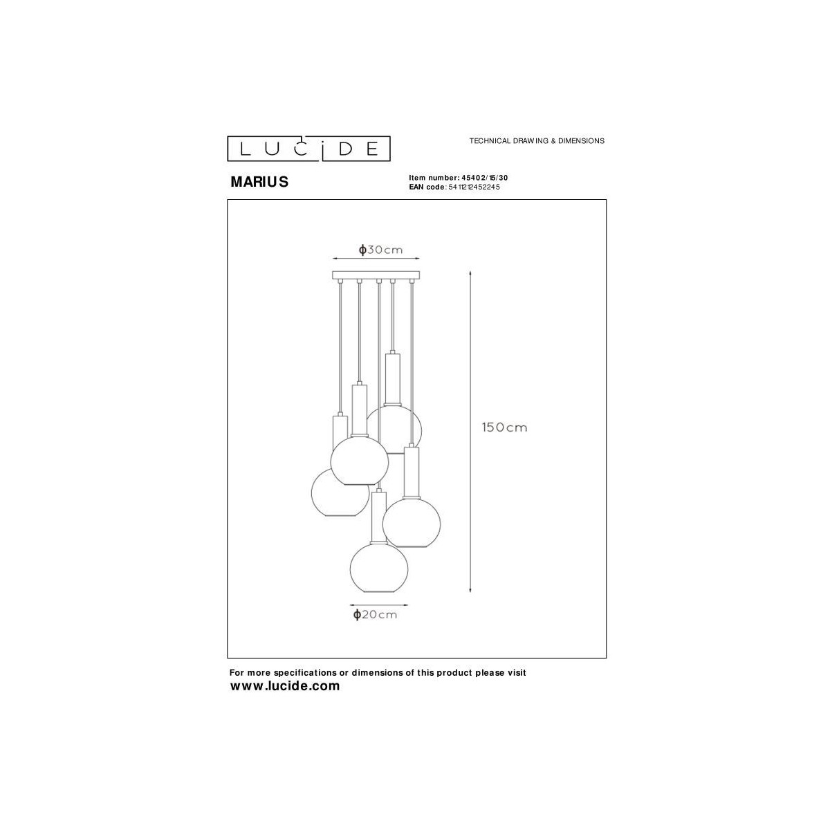 Lucide 45402/15/30 MARIUS - Lampa wisząca - 55 cm - 5xE27 - Czarny