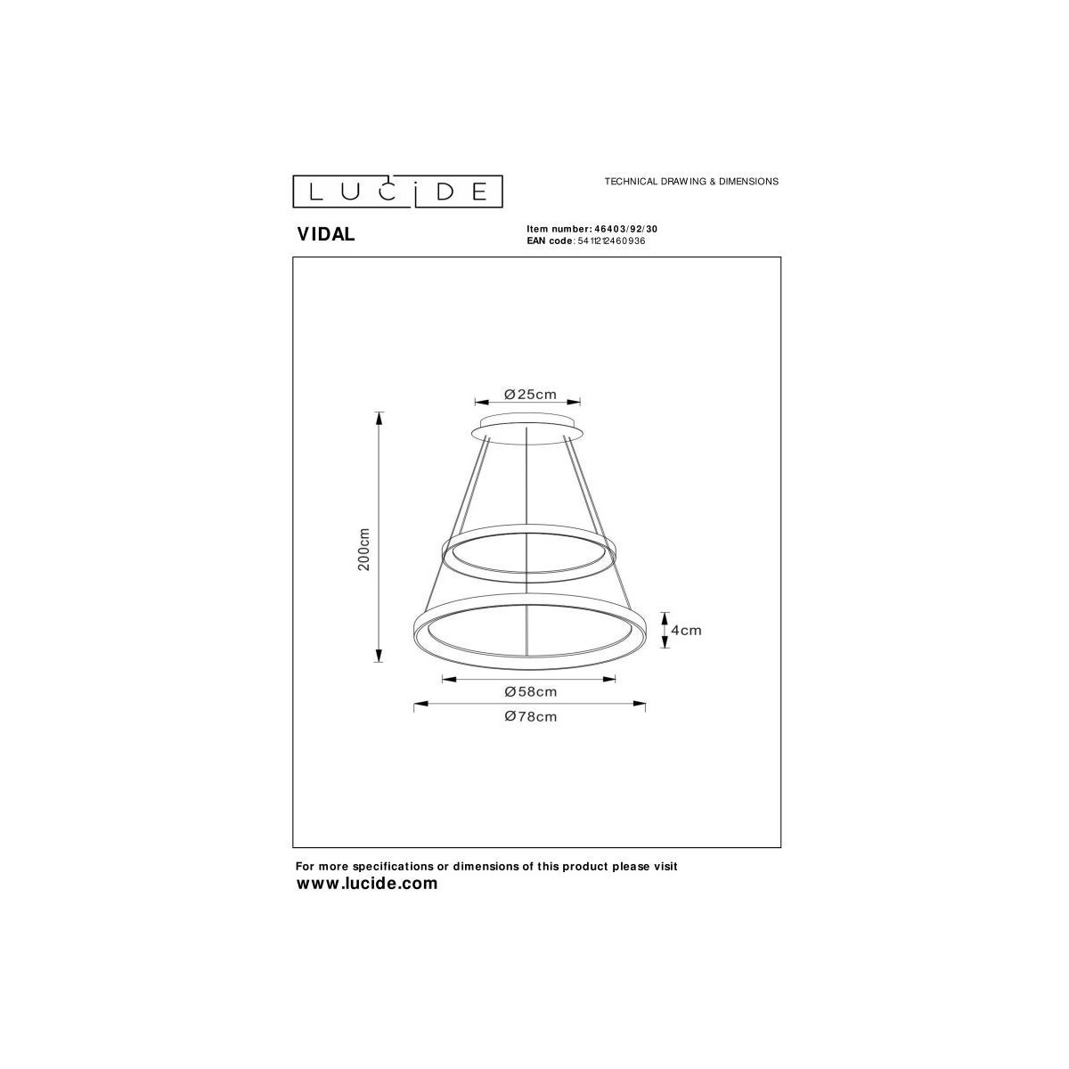 Lucide 46403/92/30 VIDAL - Lampa wisząca - 78 cm - Ściemniacz LED - 1x92W 2700K - Czarny | Premium