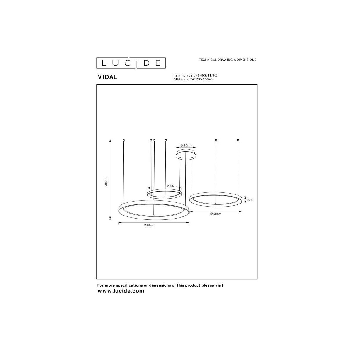 Lucide 46403/99/02 VIDAL - Lampa wisząca - 78 cm - Ściemniacz LED - 1x120W 2700K - Matowe złoto - Mosiądz | Premium