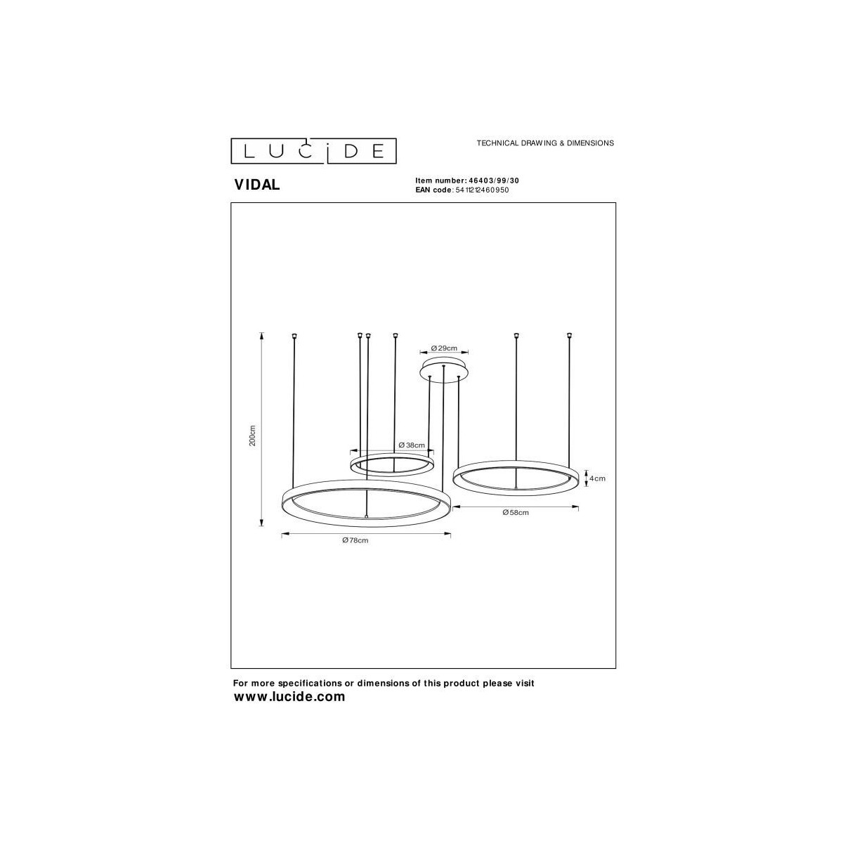 Lucide 46403/99/30 VIDAL - Lampa wisząca - 78 cm - Ściemniacz LED - 1x120W 2700K - Czarny | Premium