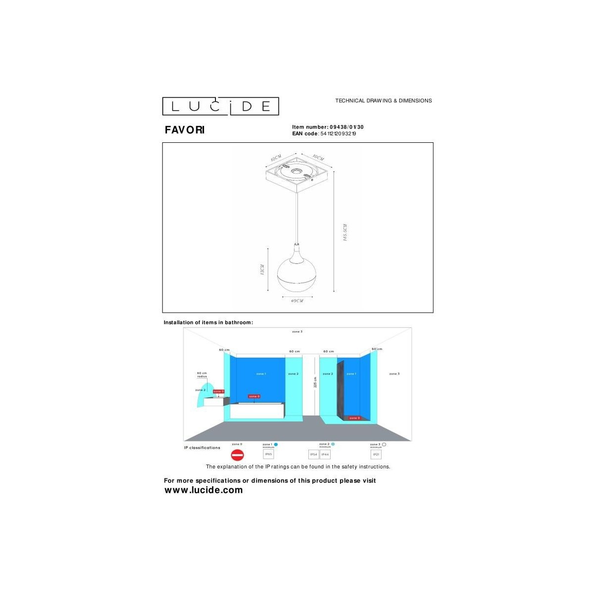 Lucide 09438/01/30 FAVORI - Lampa wisząca łazienkowa - 1xGU10 - IP44 - Czarna