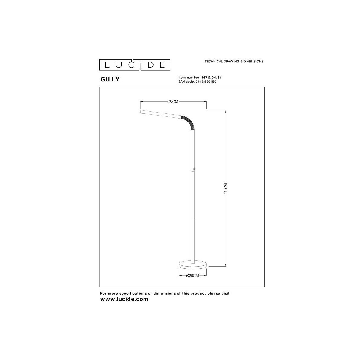 Lucide 36712/04/31 GILLY - Lampa podłogowa do czytania z akumulatorem - Akumulator - Ściemniacz LED - 1x6W 2700K - Biały