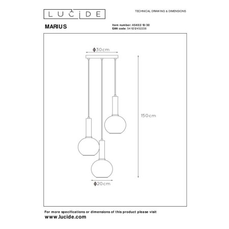 Lucide 45402/13/30 MARIUS - Lampa wisząca - 48.5 cm - 3xE27 - Czarny